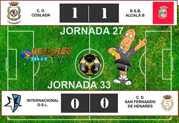 Futbol: Resultados  del CD Coslada y CD San Fernando. Empate de ambos equipos; el primero jugaba en casa y el segundo fuera.