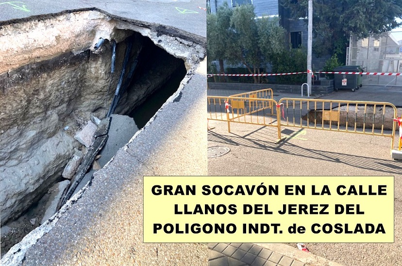 Un Gran Socavón obliga a cerrar un tramo de la calle Llanos de Jerez en el polígono industrial de Coslada.