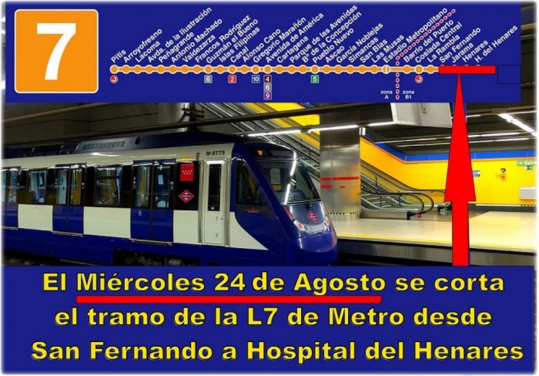 Desde el miércoles 24 de Agosto estará cortada la Línea 7B del Metro entre San Fernando y Hospital del Henares.